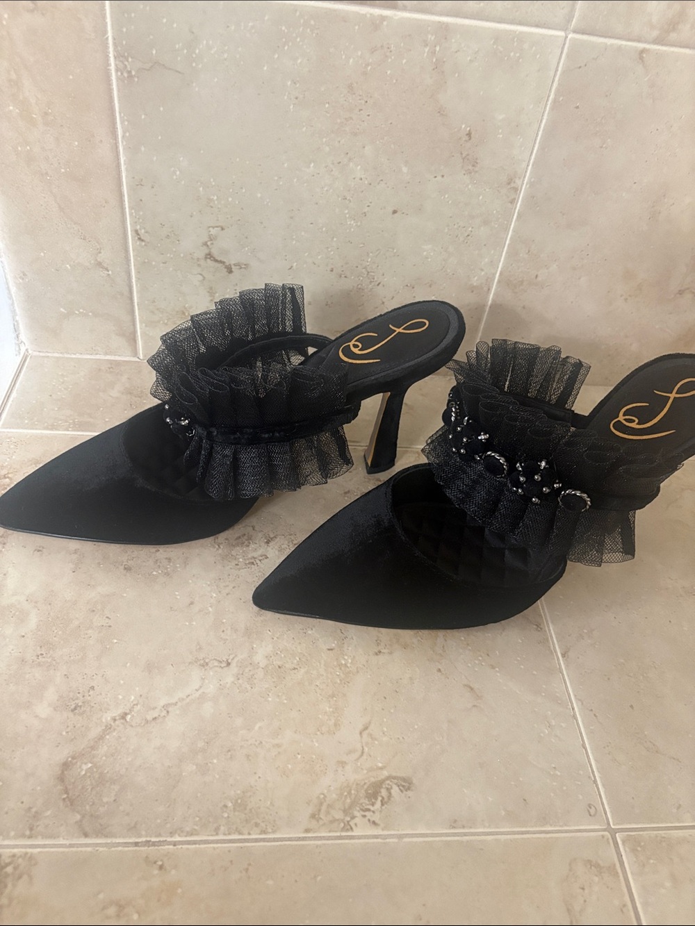 Sam edelman Black Ruffled Pointed-Toe Mule Heels